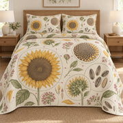 AI mockup, front bedroom view of a sunflower quilt with sunflower blooms and circular botanical seed studies and two matching printed pillow covers.