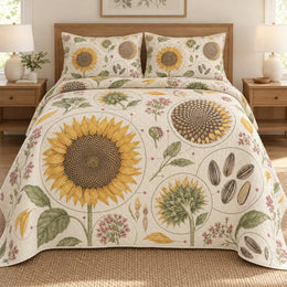 Sunflower Quilt Set, Botanical Seed Study, Floral Bedroom Decor, Gift for Sunflower Lovers