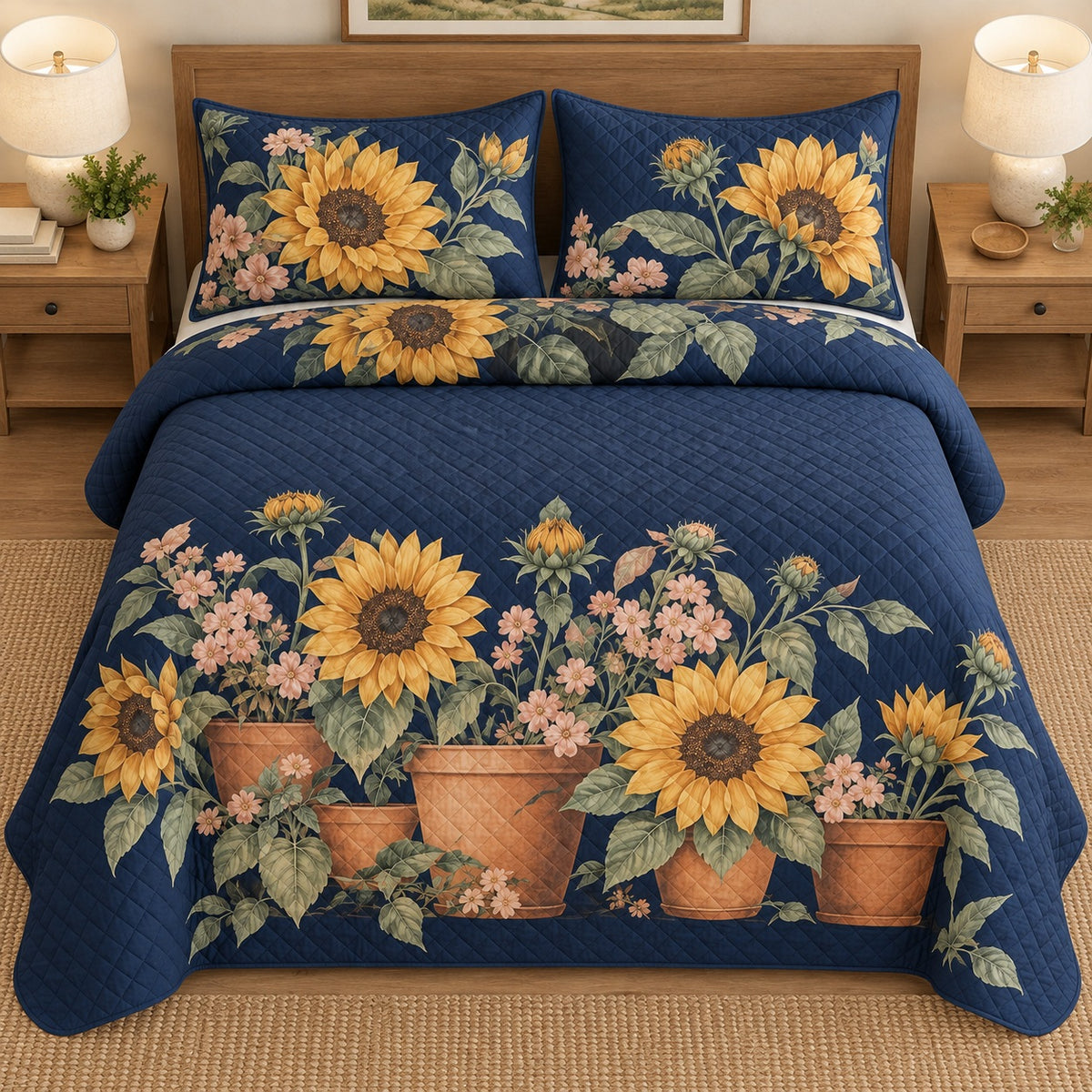 AI mockup, high overhead bedroom view of a sunflower quilt with sunflowers in terracotta pots on navy and two matching printed pillow covers.