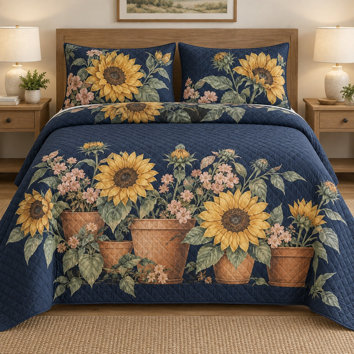 AI mockup, front bedroom view of a sunflower quilt with sunflowers in terracotta pots on navy and two matching printed pillow covers.