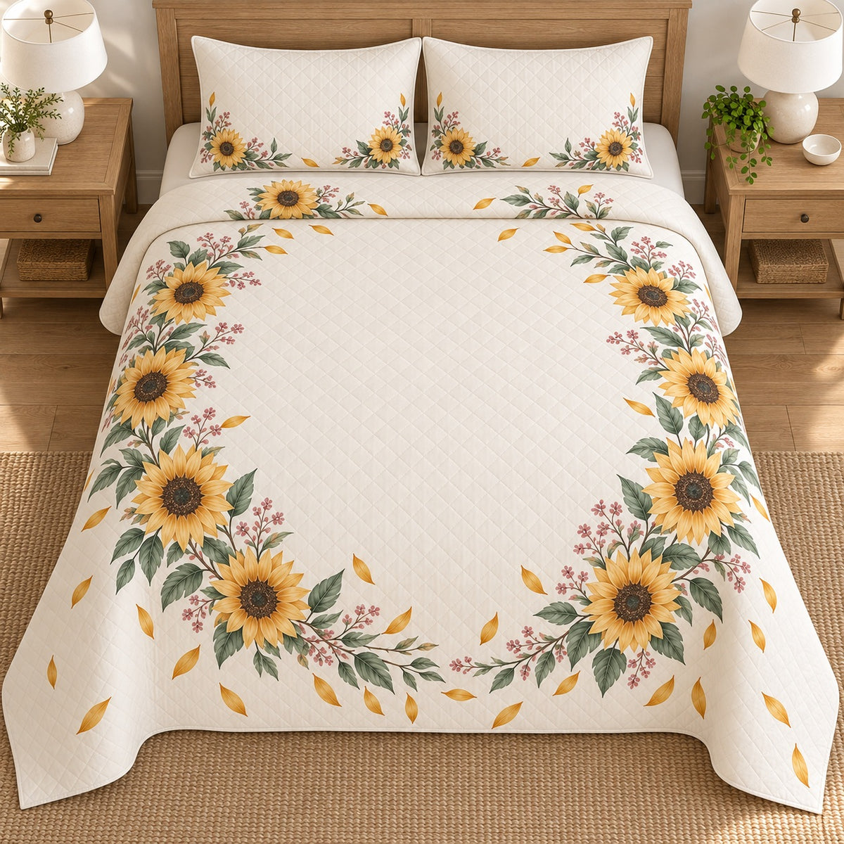AI mockup, high overhead bedroom view of a sunflower quilt with open sunflower wreath and falling golden petals and two matching printed pillow covers.