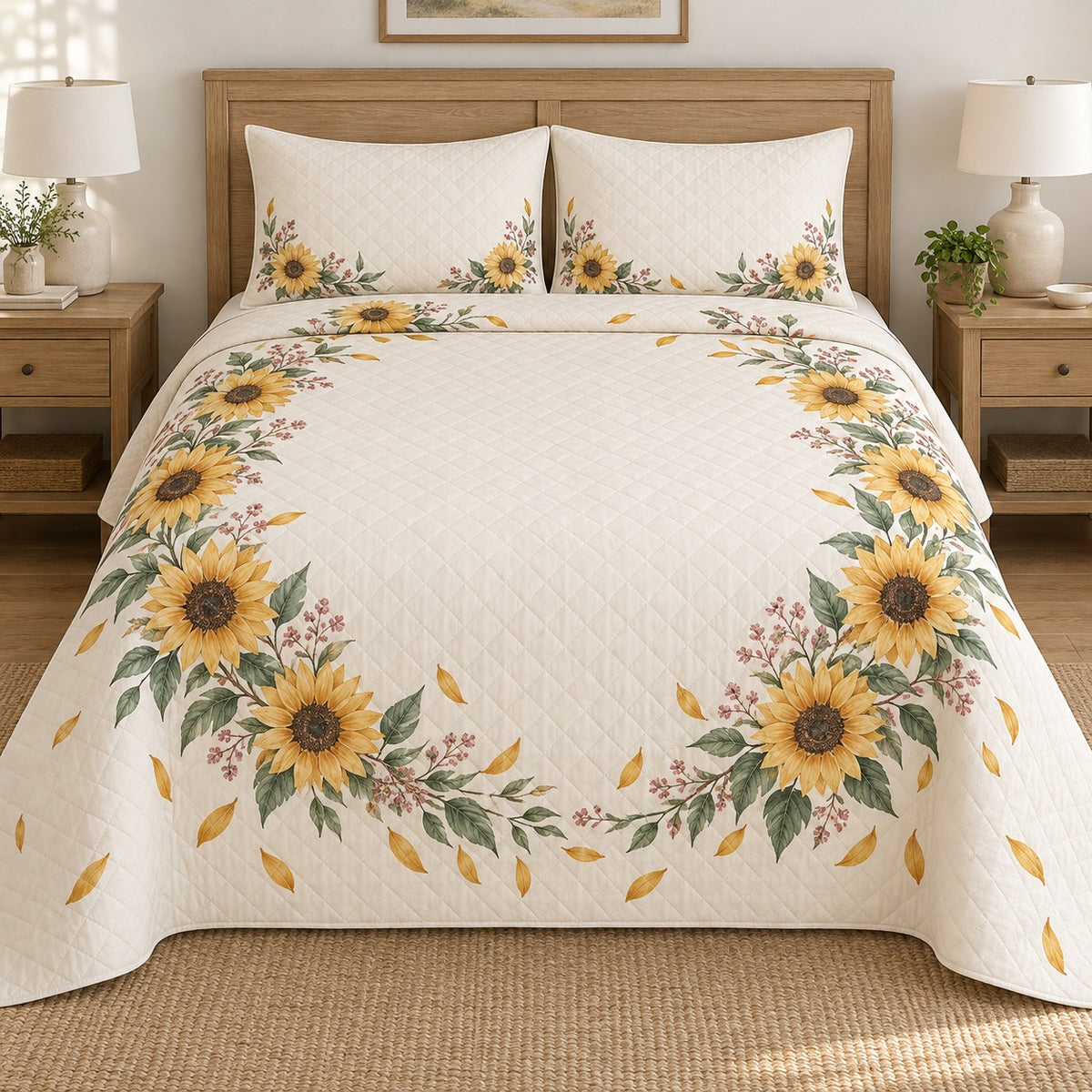 AI mockup, front bedroom view of a sunflower quilt with open sunflower wreath and falling golden petals and two matching printed pillow covers.