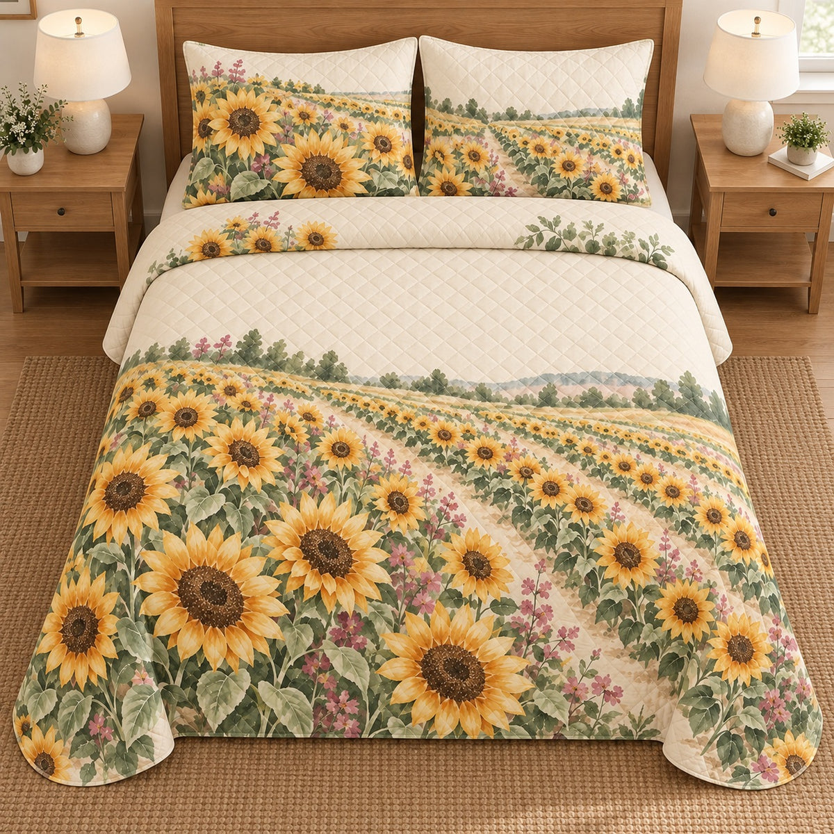AI mockup, high overhead bedroom view of a sunflower quilt with sunflower farm rows and a distant green horizon and two matching printed pillow covers.