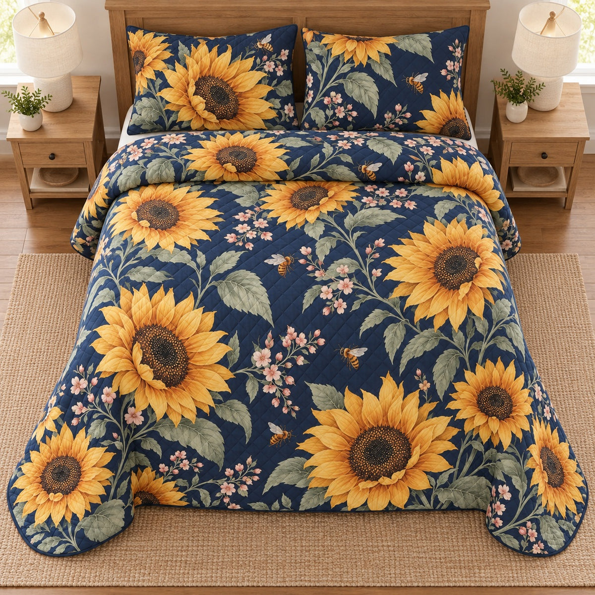 AI mockup, high overhead bedroom view of a sunflower quilt with golden sunflowers and bees on navy and two matching printed pillow covers.