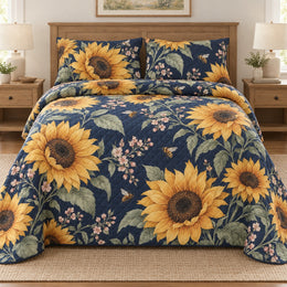 Sunflower Quilt Set, Navy Garden and Bees, Floral Bedroom Decor, Gift for Sunflower Lovers