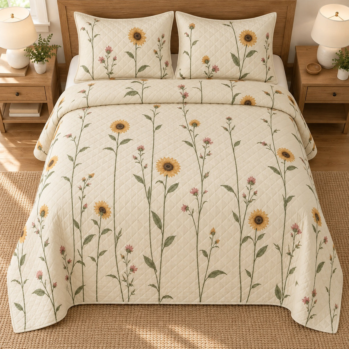 AI mockup, high overhead bedroom view of a sunflower quilt with slender sunflower stems and small pink flowers and two matching printed pillow covers.