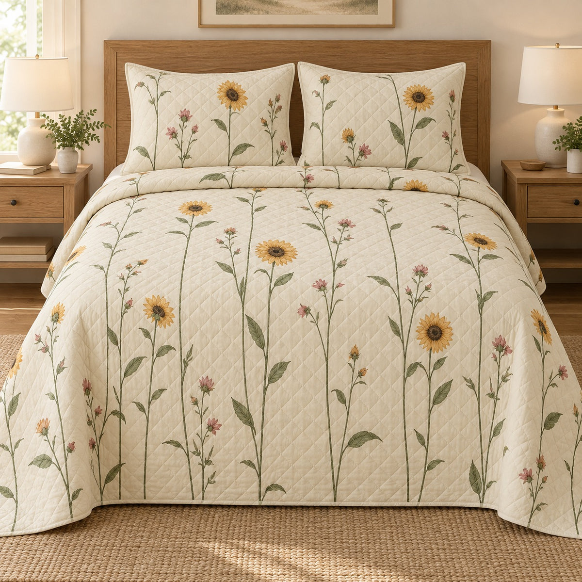 AI mockup, front bedroom view of a sunflower quilt with slender sunflower stems and small pink flowers and two matching printed pillow covers.