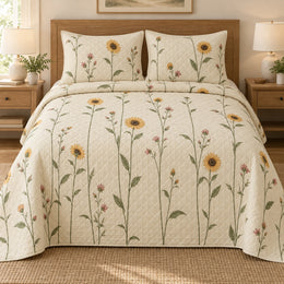 Sunflower Quilt Set, Slender Botanical Stems, Floral Bedroom Decor, Gift for Sunflower Lovers