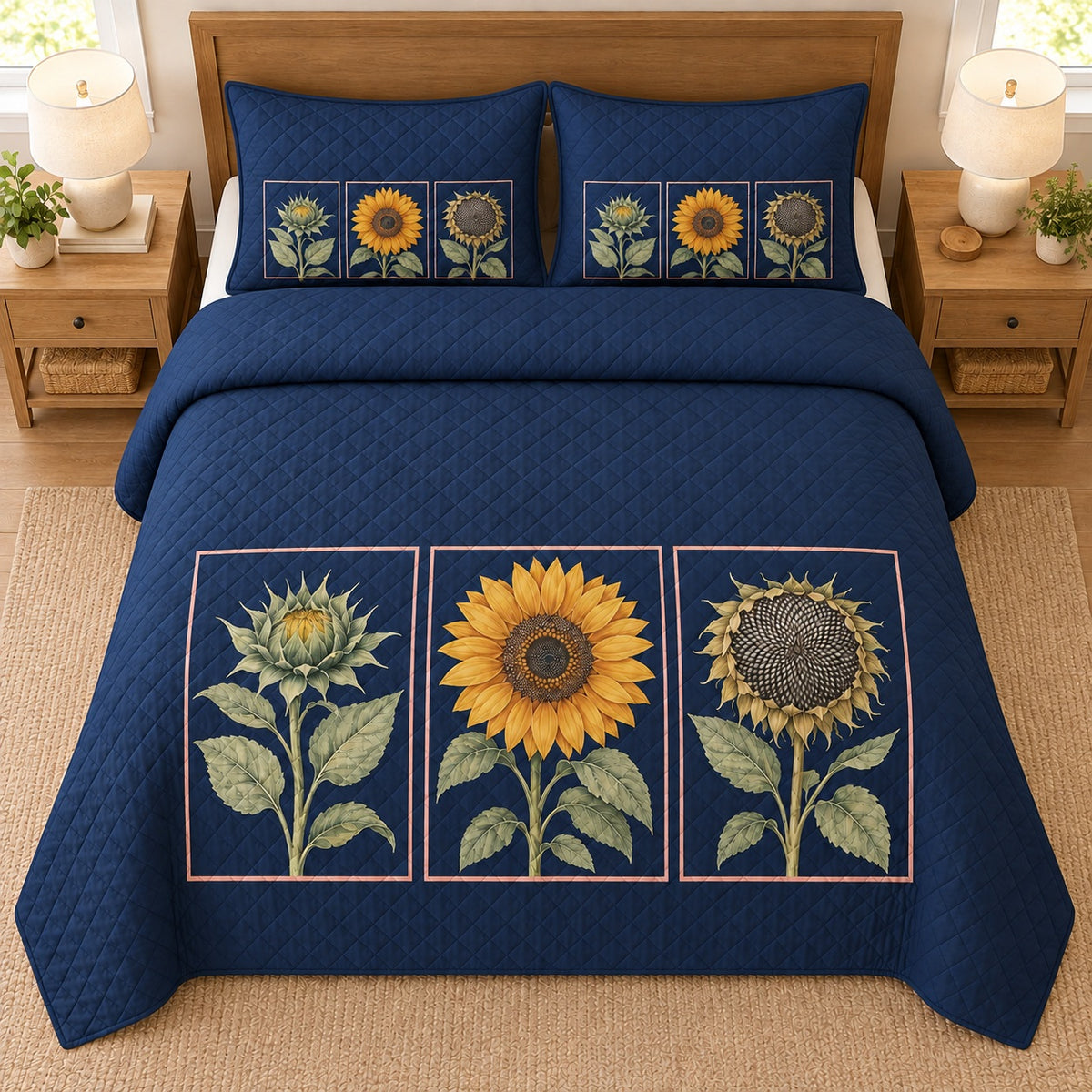 AI mockup, high overhead bedroom view of a sunflower quilt with three sunflower botanical panels on navy and two matching printed pillow covers.