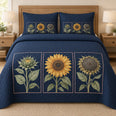 Sunflower Quilt Set, Navy Botanical Panels, Floral Bedroom Decor, Gift for Sunflower Lovers