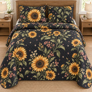 AI mockup, high overhead bedroom view of a sunflower quilt with sunflowers and geometric stars on a dark ground and two matching printed pillow covers.