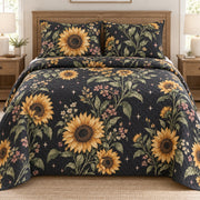 AI mockup, front bedroom view of a sunflower quilt with sunflowers and geometric stars on a dark ground and two matching printed pillow covers.
