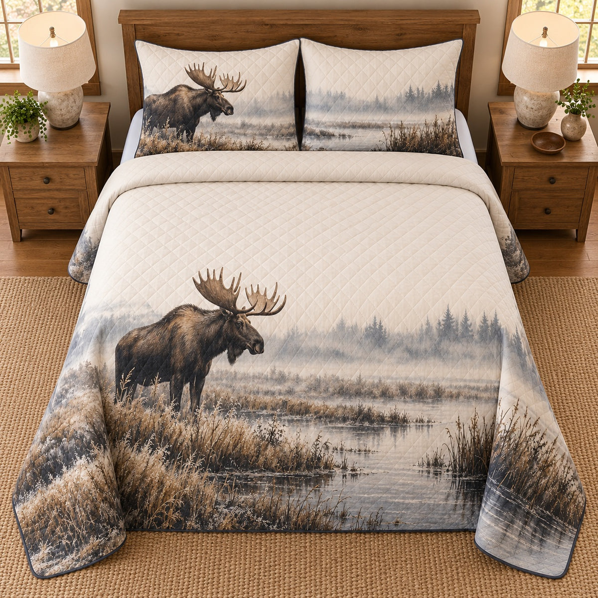 AI mockup, high overhead bedroom view of a moose quilt with moose beside a misty marsh and two matching printed pillow covers.