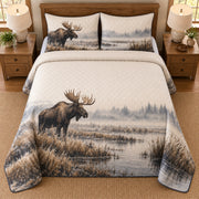 AI mockup, high overhead bedroom view of a moose quilt with moose beside a misty marsh and two matching printed pillow covers.