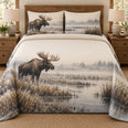 Moose Quilt Set, Misty Marsh Edge, Woodland Bedroom Decor, Gift for Moose Lovers
