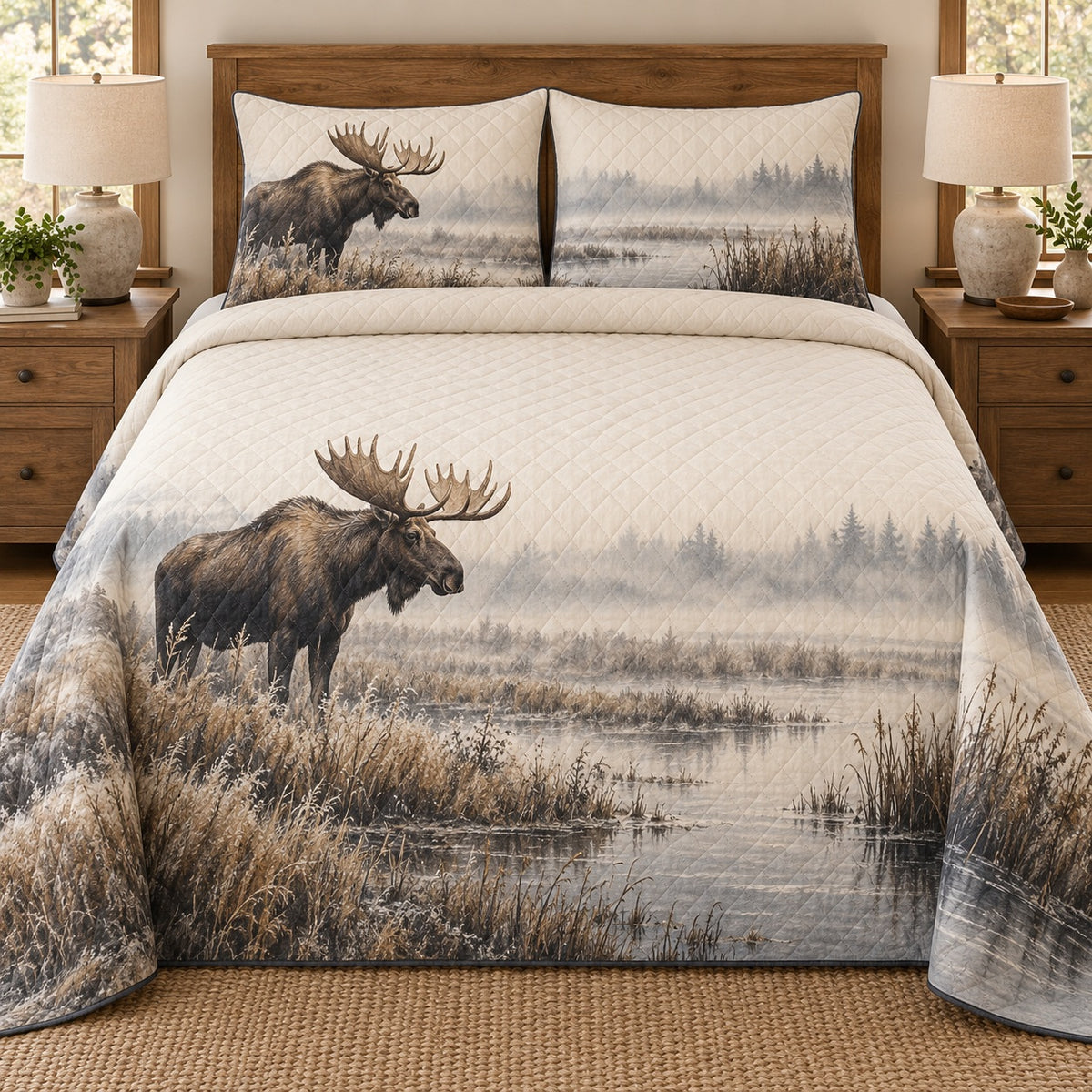 AI mockup, front bedroom view of a moose quilt with moose beside a misty marsh and two matching printed pillow covers.