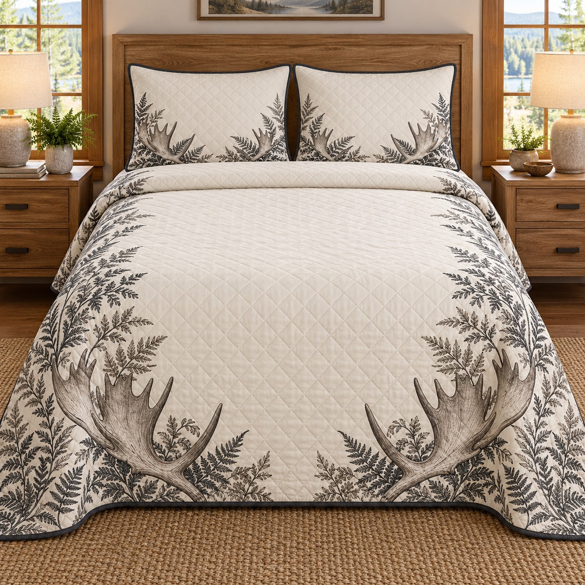AI mockup, front bedroom view of a moose quilt with palmate moose antlers and botanical border and two matching printed pillow covers.