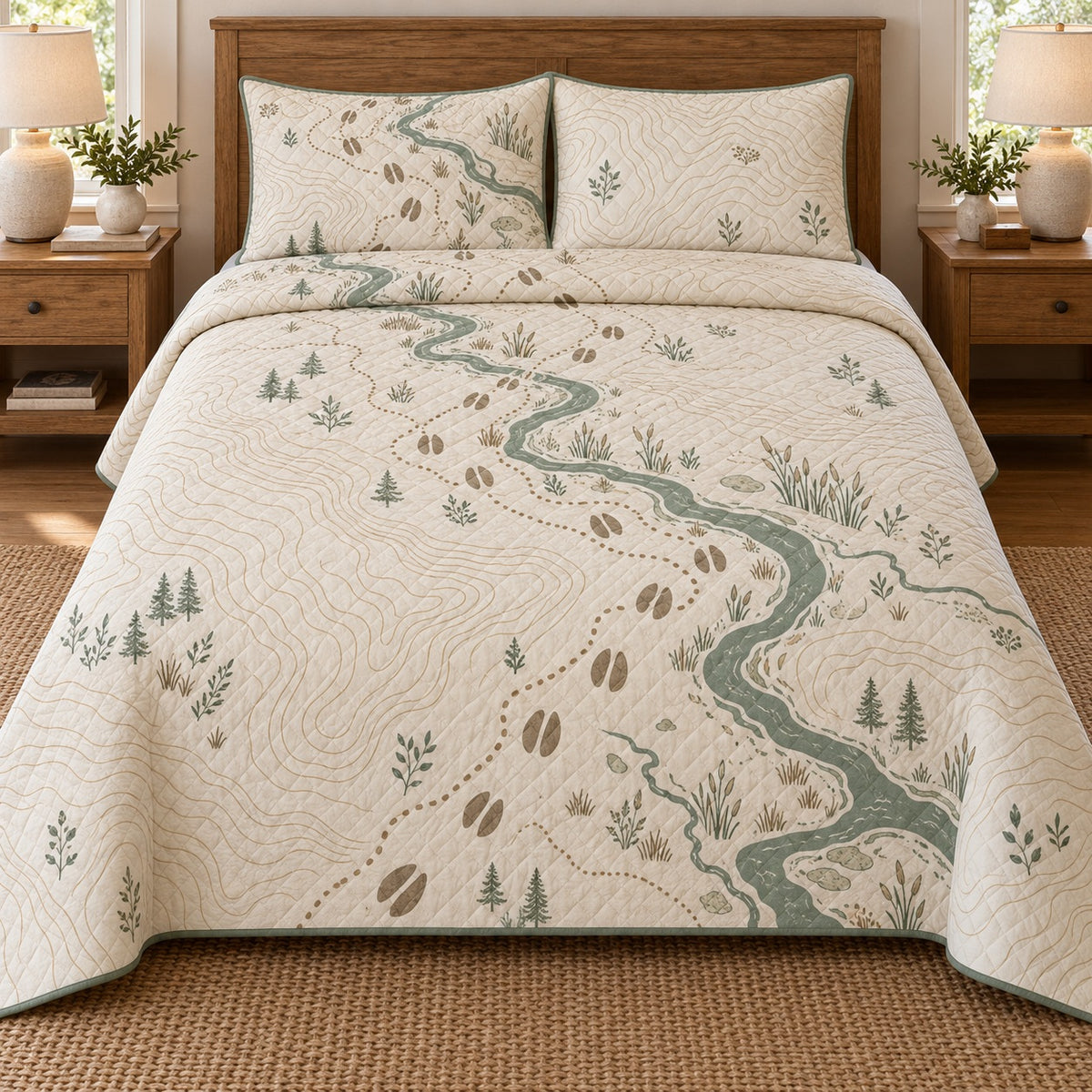 AI mockup, front bedroom view of a moose quilt with moose hoof tracks and a winding creek map and two matching printed pillow covers.