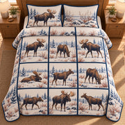 AI mockup, high overhead bedroom view of a moose quilt with snowy moose study panels with blue dividers and two matching printed pillow covers.