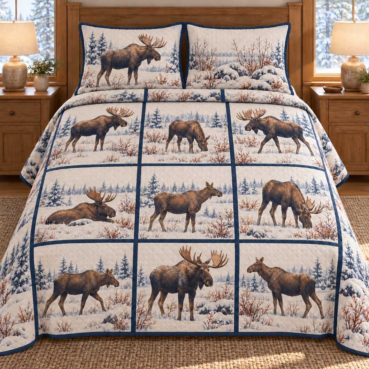 AI mockup, front bedroom view of a moose quilt with snowy moose study panels with blue dividers and two matching printed pillow covers.