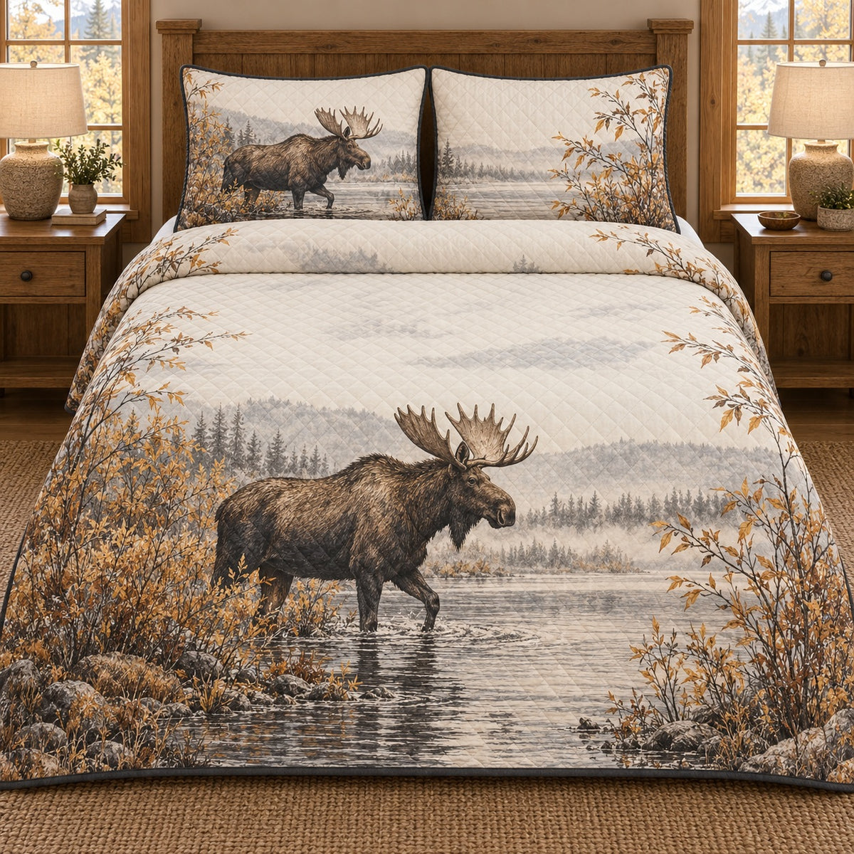 AI mockup, front bedroom view of a moose quilt with moose wading beside autumn willow branches and two matching printed pillow covers.