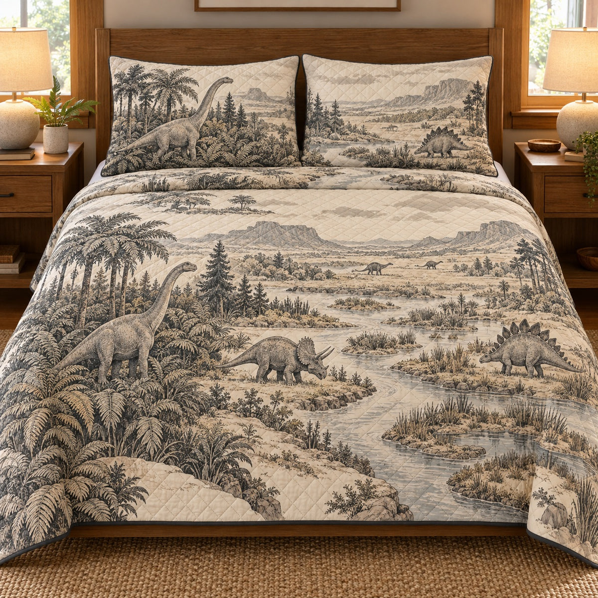 AI mockup, front bedroom view of a dinosaur quilt with a detailed gray and cream illustrated habitat with dinosaurs, rivers and woodland and two matching printed pillow covers.