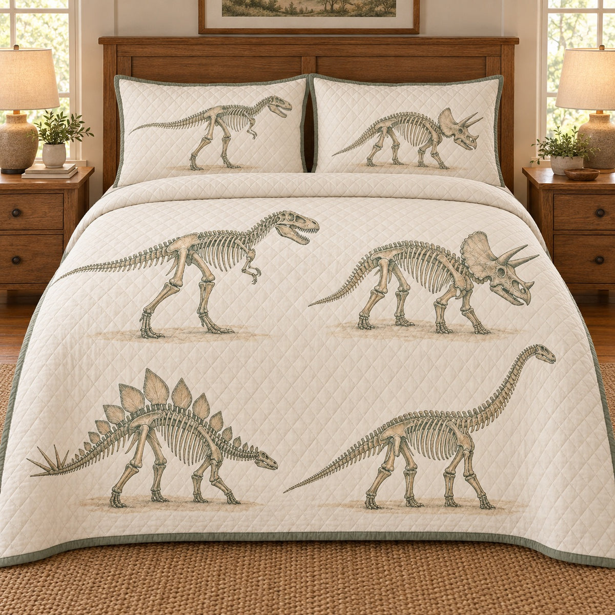 AI mockup, front bedroom view of a dinosaur quilt with four decorative dinosaur skeleton illustrations on a cream and sage ground and two matching printed pillow covers.