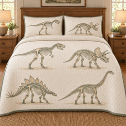 Dinosaur Quilt Set, Skeleton Gallery, Sage and Cream Fossil Illustrations, Gift for Dinosaur Lovers