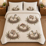 AI mockup, high overhead bedroom view of a dinosaur quilt with baby dinosaurs hatching in eggs among twig nests and ferns and two matching printed pillow covers.