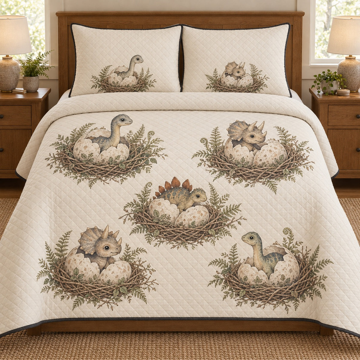 AI mockup, front bedroom view of a dinosaur quilt with baby dinosaurs hatching in eggs among twig nests and ferns and two matching printed pillow covers.