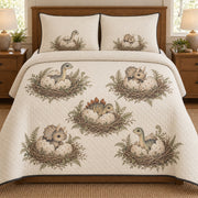 AI mockup, front bedroom view of a dinosaur quilt with baby dinosaurs hatching in eggs among twig nests and ferns and two matching printed pillow covers.