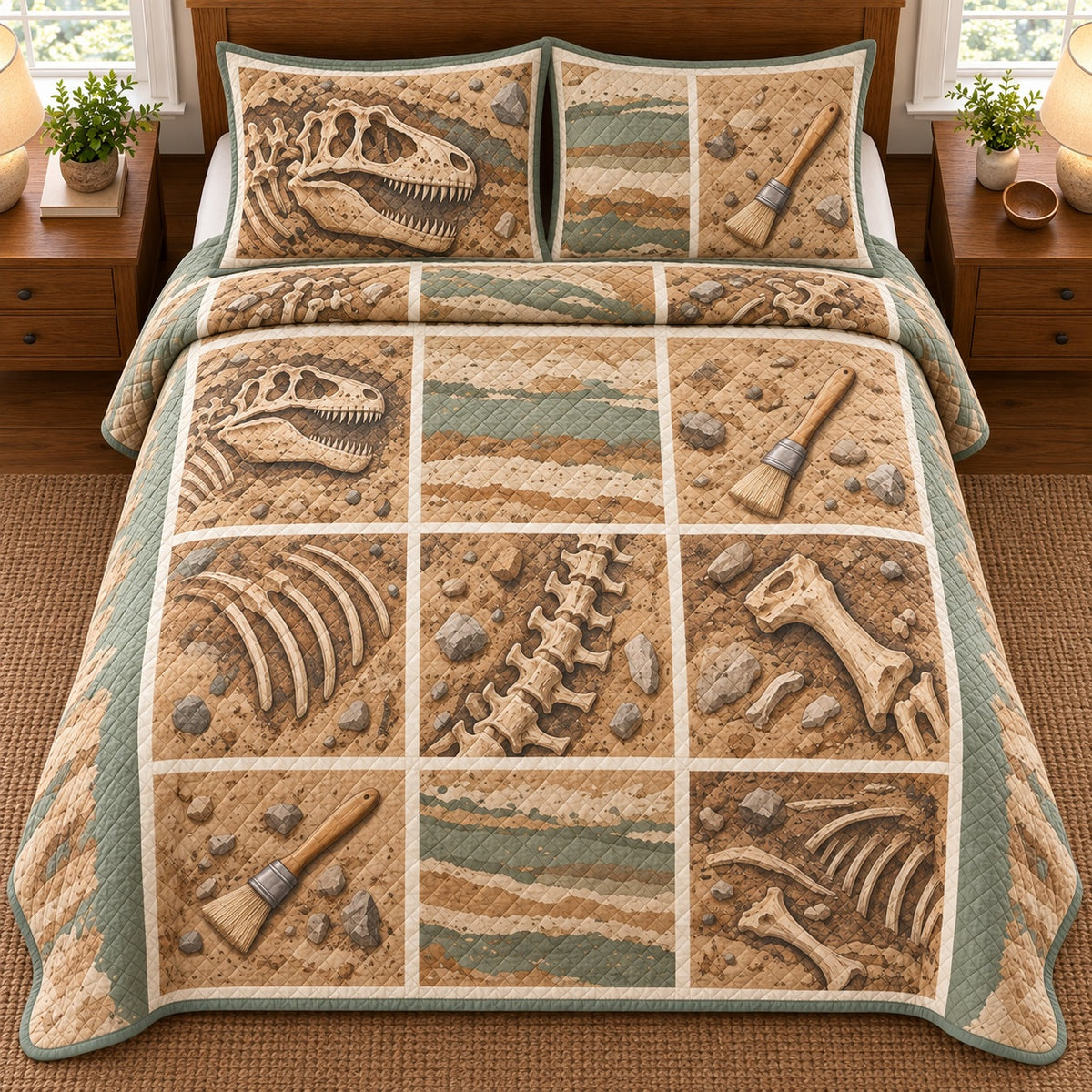 AI mockup, high overhead bedroom view of a dinosaur quilt with a tan and sage printed excavation grid with decorative fossils, brushes and rock strata and two matching printed pillow covers.