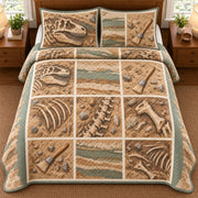 AI mockup, high overhead bedroom view of a dinosaur quilt with a tan and sage printed excavation grid with decorative fossils, brushes and rock strata and two matching printed pillow covers.