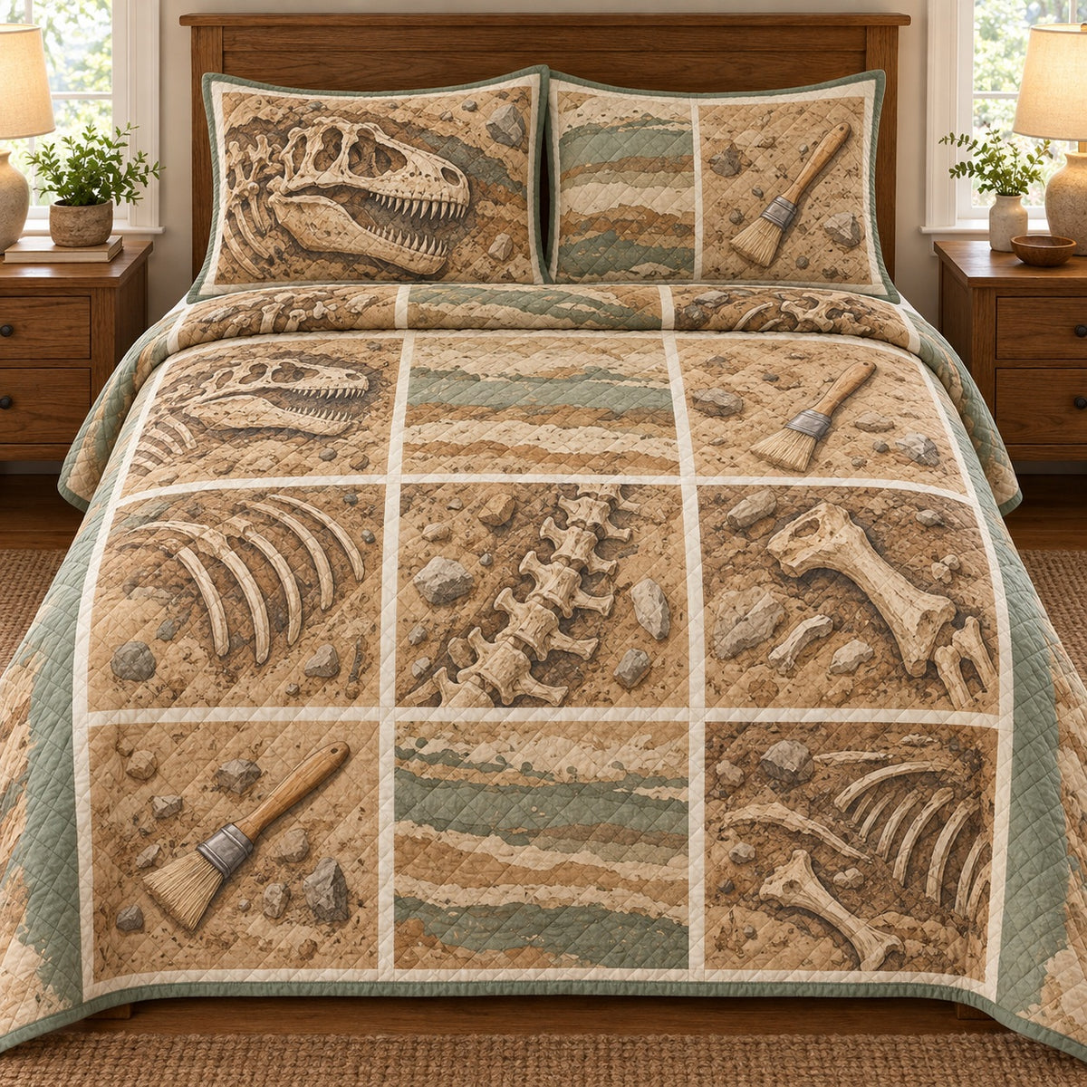 AI mockup, front bedroom view of a dinosaur quilt with a tan and sage printed excavation grid with decorative fossils, brushes and rock strata and two matching printed pillow covers.