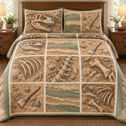 Dinosaur Quilt Set, Fossil Dig Grid, Tan and Sage Excavation Print, Gift for Dinosaur Lovers