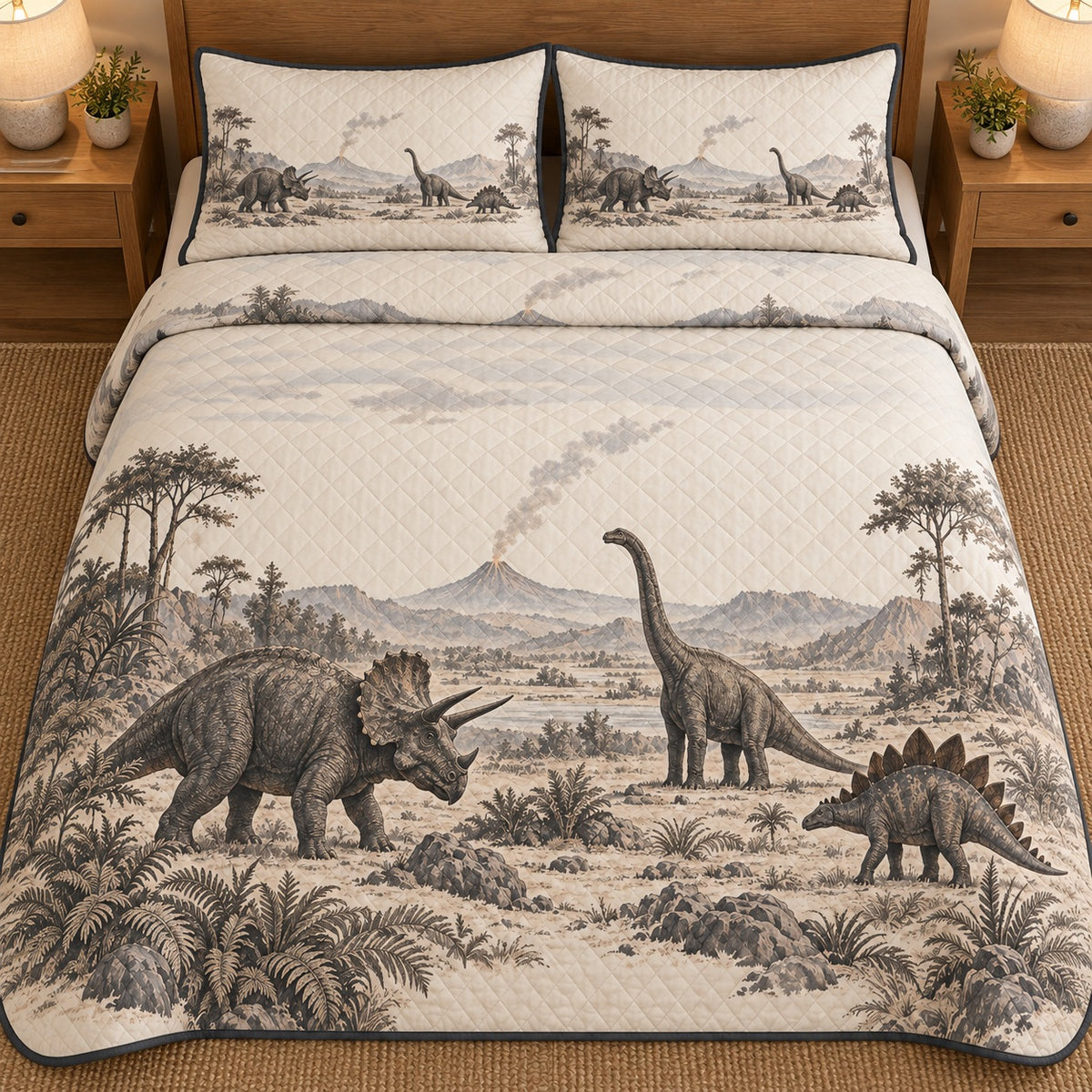 AI mockup, high overhead bedroom view of a dinosaur quilt with three illustrated dinosaurs among ferns before a distant volcano in gray and cream and two matching printed pillow covers.