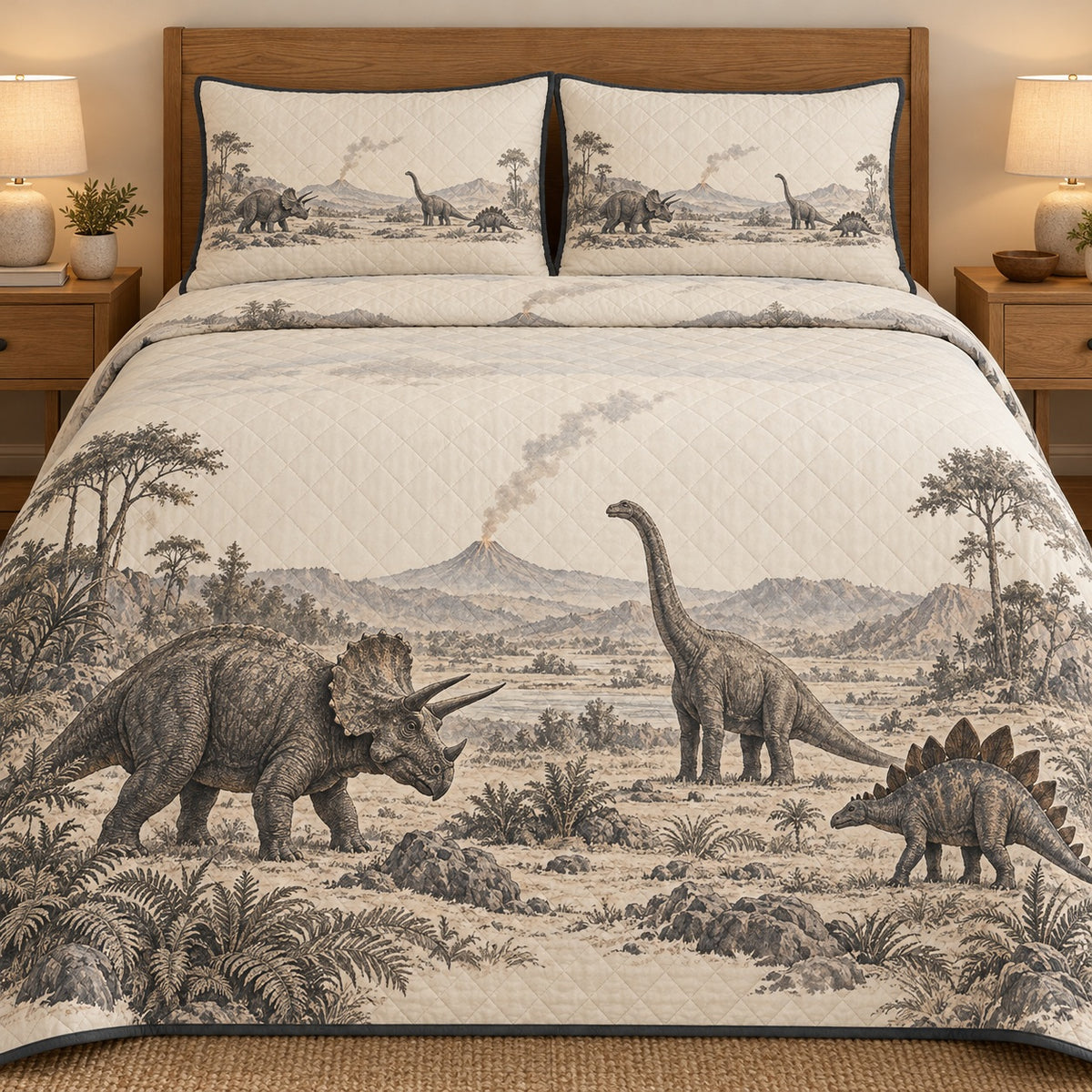 AI mockup, front bedroom view of a dinosaur quilt with three illustrated dinosaurs among ferns before a distant volcano in gray and cream and two matching printed pillow covers.