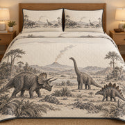 AI mockup, front bedroom view of a dinosaur quilt with three illustrated dinosaurs among ferns before a distant volcano in gray and cream and two matching printed pillow covers.