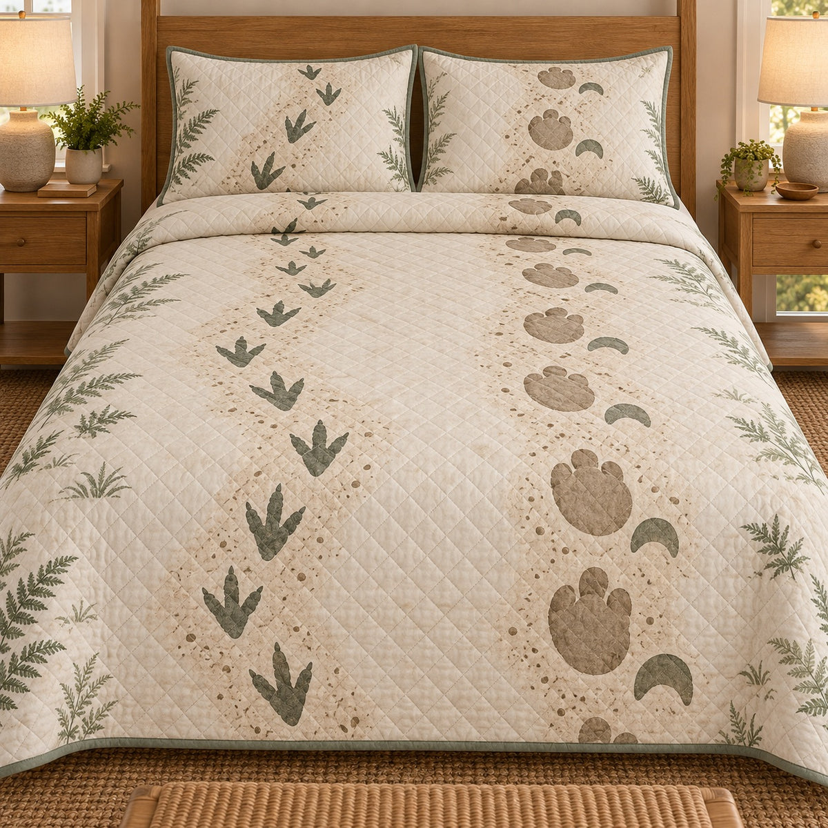 AI mockup, front bedroom view of a dinosaur quilt with two decorative dinosaur footprint trails in sage and tan framed by ferns and two matching printed pillow covers.