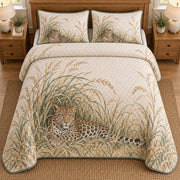 AI mockup, high overhead bedroom view of a leopard quilt with leopard resting in tall grasses and two matching printed pillow covers.