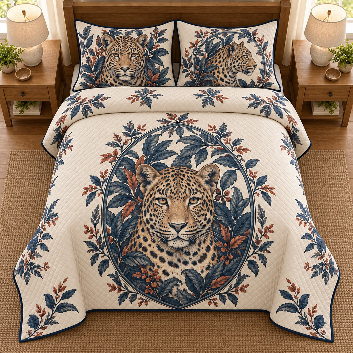 AI mockup, high overhead bedroom view of a leopard quilt with leopard portrait in a botanical oval medallion and two matching printed pillow covers.