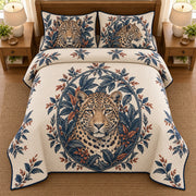 AI mockup, high overhead bedroom view of a leopard quilt with leopard portrait in a botanical oval medallion and two matching printed pillow covers.