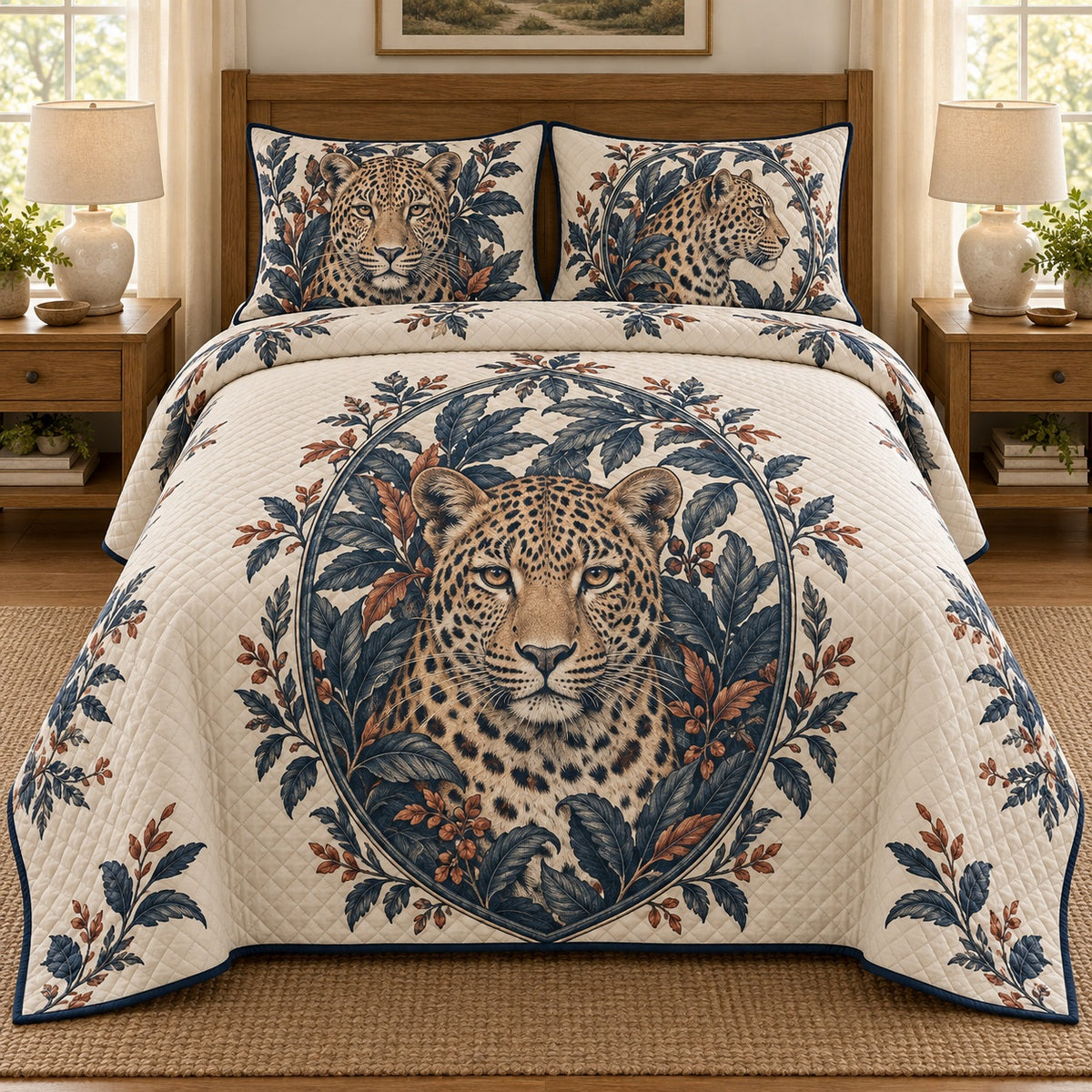 AI mockup, front bedroom view of a leopard quilt with leopard portrait in a botanical oval medallion and two matching printed pillow covers.