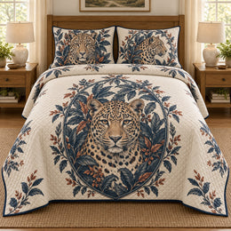 Leopard Quilt Set, Botanical Medallion, Wildlife Bedroom Decor, Gift for Leopard Lovers