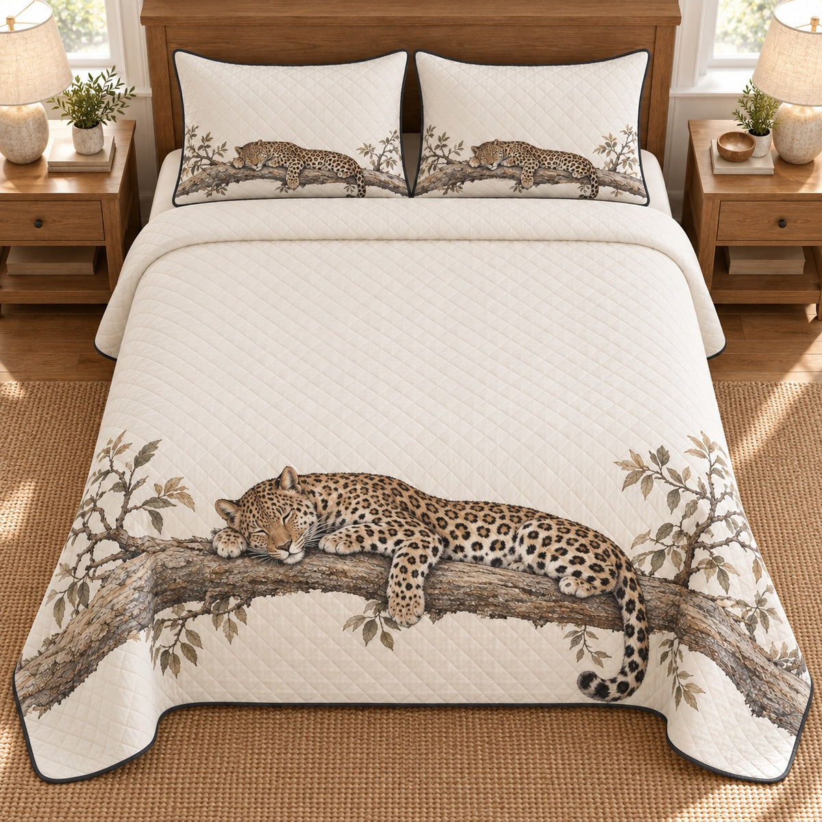 AI mockup, high overhead bedroom view of a leopard quilt with sleeping leopard on a leafy branch and two matching printed pillow covers.