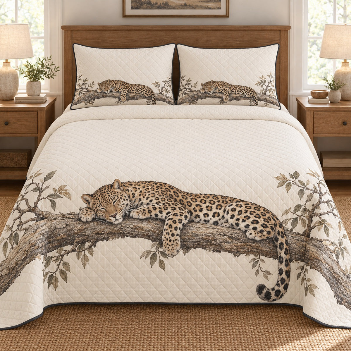 AI mockup, front bedroom view of a leopard quilt with sleeping leopard on a leafy branch and two matching printed pillow covers.