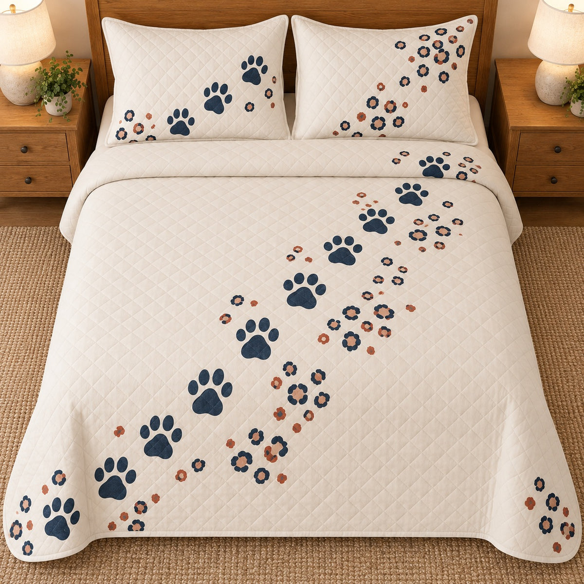 AI mockup, high overhead bedroom view of a leopard quilt with diagonal leopard paw trail and rosette clusters and two matching printed pillow covers.