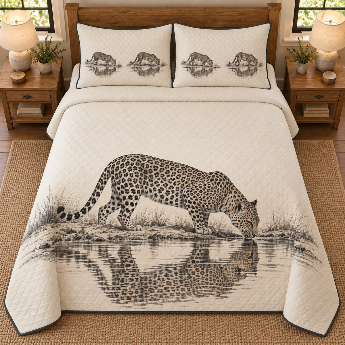 AI mockup, high overhead bedroom view of a leopard quilt with drinking leopard and its waterhole reflection and two matching printed pillow covers.