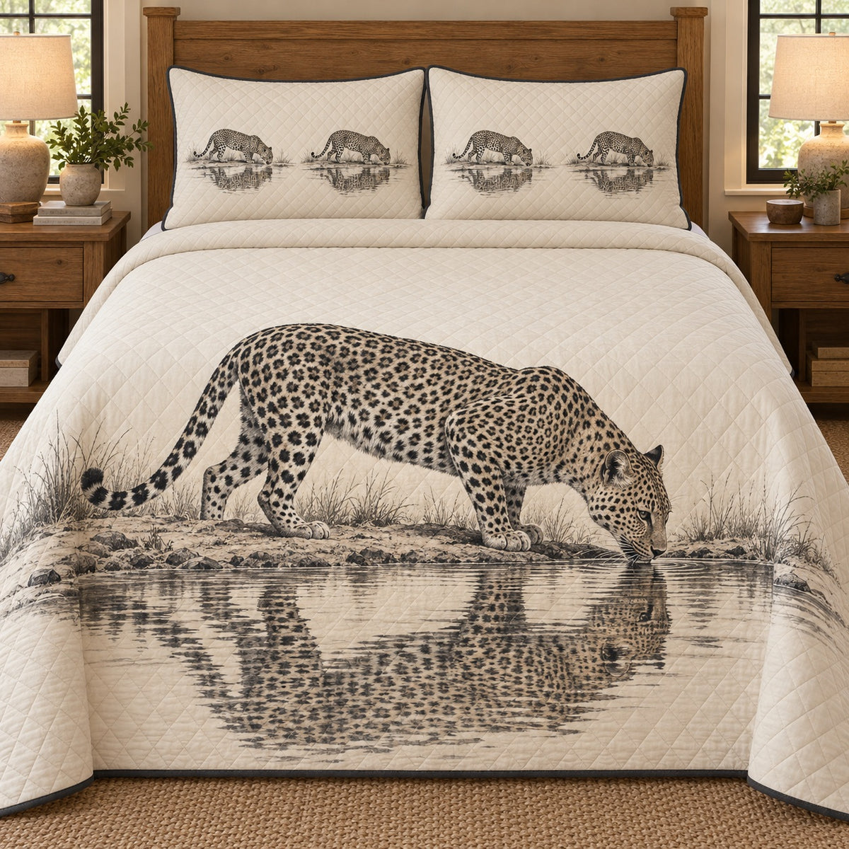 AI mockup, front bedroom view of a leopard quilt with drinking leopard and its waterhole reflection and two matching printed pillow covers.