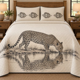 Leopard Quilt Set, Waterhole Reflection, Wildlife Bedroom Decor, Gift for Leopard Lovers
